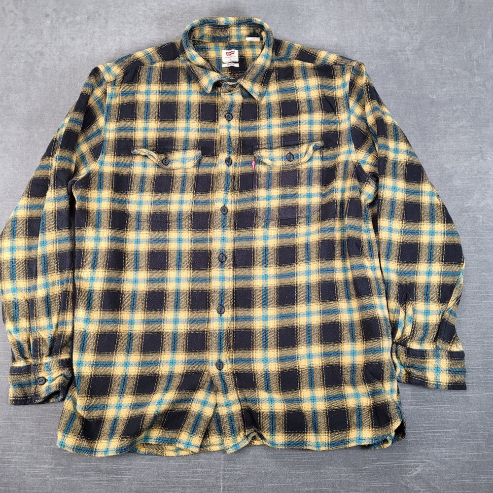 Levi's Flannel Y2K Shirt Mens Lg Yellow Black Blue Relaxed Fit Plaid Button Down